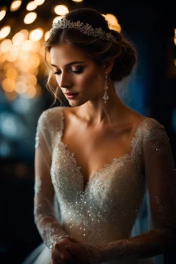 Beautiful girl wearing a wedding dress : Picture a delicate fluorescent glass sparkling lights adorned with glistening dewdrops. Sharp focus . Iridescent colors with intricate details. The tranquility of the scene mirrors the quiet strength that comes from embracing stillness and finding inspiration in the simplest moments.