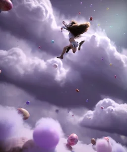 Ultra realistic speed clouds sky scene, wide angle view, sweet men falling down, many Childs, feather color clothing, free jumping flying, many trinkets, hair monster, many jelly beans, balls, color smoke, smile, happy, circus style, extreme, wind, clouds sea, 20,000 feet altitude, stratosphere, soft color, highly detailed, unreal engine 5, ray tracing, RTX, lumen lighting, ultra detail, volumetric lighting, 3d, finely drawn, high definition, high resolution.