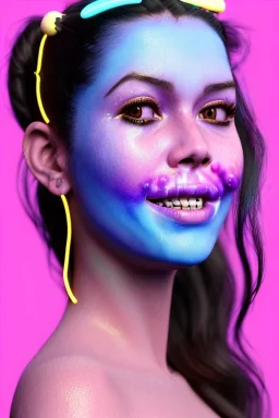 Ultra Realistic image, Rosalía artist, smile portrait, waist up portrait, long black eye line, sweet face, gold pink and blue geisha style, spray glow make up, led lights, neon, gold piercing nose, led teeth, led ornament, glow pink iris, fog, oversized bubble latex coat, vibrant color, highly detailed, art stations, concept art, smooth, unreal engine 5, god rays, ray tracing, RTX, lumen lighting, ultra detail, volumetric lighting, 3d, finely drawn, high definition, high resolution.