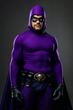 full-length, A portrait of a the Phantom, a man with piercing blue eyes, a chiseled jaw, goatee, timeless face, stern expression, Wearing a tight fitting purple cotton hero suit with a cowl that fits tight to his head, but does not cover his face, he wears a thin, black leather, bandit eye disguise over his eyes, black and blue diagonally striped trunks, dual-holstered pistol belt adorned with a triangle skull-shaped buckle with leg straps, Knee-high black leather boots