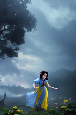 4K Ultra-HD, Hyper realistic, cinematic lighting -- Snow White, short, bowl-cut black hair, blue eyes, Yellow skirt, blue blouse with short poofy sleeves, extremely pail skin, Rose pedals, wild animals, Castle, Full body image -- 4k, stunning, dramatic lighting, dramatic background, cinematic, atmospheric, very detailed, historic, powerful, octane rendering, exquisite detail, 30 - megapixel, 4k, 85 - mm - lens, sharp - focus, intricately - detailed, long exposure time, f8, ISO 100, shutter - s