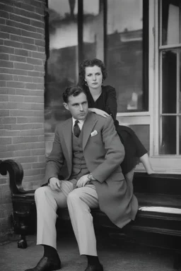 Black and white photo of a serious couple sitting for portrait shoot in the 1930s