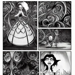 extrem tim burton style and disney style of an old and extrem malicious stepmother, sharp focus, sneaky eyes, old face