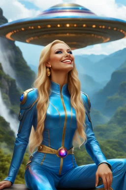 cosmic woman smile,ufos rainbow, admiral from the future, galactic confédération, fine whole face, crystalline skin, expressive blue eyes,rainbow, smiling lips, very nice smile, costume pleiadian, Beautiful tall woman pleiadian Galactic commander, ship, perfect datailed golden galactic suit, high rank, long blond hair, hand whit five perfect detailed finger, amazing big blue eyes, smilling mouth, high drfinition lips, cosmic happiness, bright colors, blue, pink, gold, jewels, realist, high,