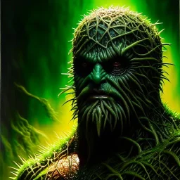 Ultra detailed fullbody Portrait in oil on canvas the Swamp Thing ,intense stare,extremely detailed digital painting, extremely detailed face,crystal clear Big eyes, mystical colors ,perfectly centered image, perfect composition, rim light, beautiful lighting,masterpiece,8k, stunning scene, raytracing, anatomically correct, in the style of robert e howard and Ken Kelley and Ohrai Noriyoshi and Simon Bisley and tomzj1