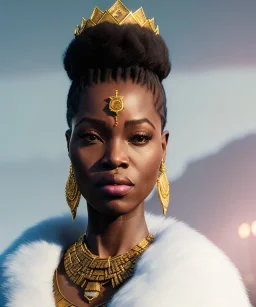 a fancy portrait of a snow african Queen by Greg Rutkowski, Sung Choi, Mitchell Mohrhauser, Maciej Kuciara, Johnson Ting, Maxim Verehin, Peter Konig, kente, 8k photorealistic, cinematic lighting, HD, high details, dramatic, atmosphereric, trending on artstation