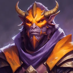 dnd, portrait of dragonborn with yellow orange scale, mighty conquerer, purple cape