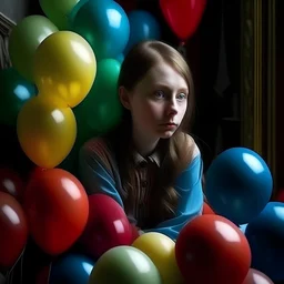 Melancholy russian girl, covered with balloons