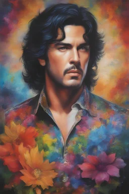 a man's face is the face of a clock, Paul Stanley/Elvis Presley/Keanu Reeves/Jon Bernthal, multicolored, large, Floral/rainbow designs, atmospheric, beautiful, oil painting by Boris Vallejo, 4k UHD, Photorealistic, professional quality