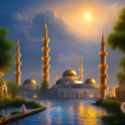 landscape, river, sun, mosque, no gold color, clouds, far view, colorful.