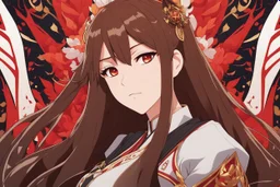 woman with long brown hair and red eyes from Genshin Impact, intricate background, intricate face, pyro archon, anime style, dynamic composition