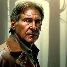 stunning photo realistic detailed head to waist portrait of harrison ford as han solo in star wars with photo realistic short hair by alice zhang,Sam Spratt, Yi Fan, Houston Sharp, Matija Obrovac, Sharp focus, brown eyes, realistically weathered skin,space jacket from star wars, octane render, intricate