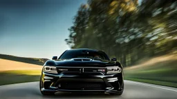 A sleek (((Dodge Charger G Wagon))) with a majesticly curved rear, cutting through a (sunny, open countryside) backdrop