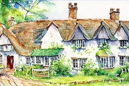 Detailed loose watercolour of an English cottage