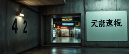 background of wall(wet textured concrete, gray, old, cracked, stained, 1 wall light) from underground parking, hong kong style, a large number "42" painted on left(old faded paint), at middle is an opening into an area with asian shops, cyberpunk, to the right of opening a white rectangle containing alien language