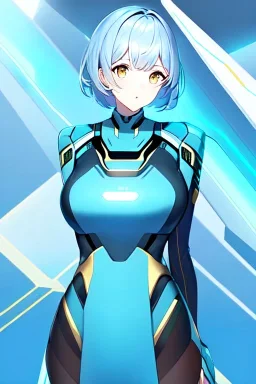 miqo'te with golden eyes and light blue short hair, futuristic clothing