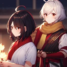 Clear Focus, High resolution, white fluffy short hair with one red streak in hair, ahoge, wearing a red black and golden scarf, short sleeve is white and a slight hint of red, top half of body is a samurai outfit, one side is white and other is black and red, sleeve 2 is black but the at the end its a wavy gold, wearing a black short skirt,