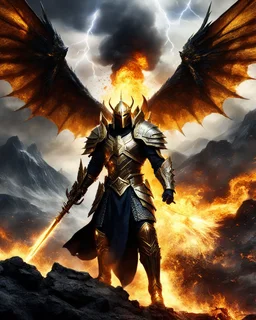 Imagination Dramatic Battlefield fantasy art,A length photography realistic details, of battlefield the King dark lord wearing steel armor Warcraft decorative golden, battle leader,he on drive an dragon wings fly, leading armys group,big mountain eruption blow fire background with epic lightning bolts in the sky