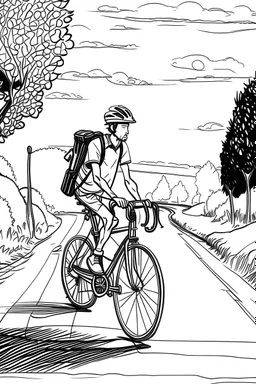 Outline art, no shading, bike full body on the road, cartoon style, black and white, low detail, --ar 9:11