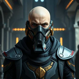 star wars bald male corellian jedi wearing gunmetal grey and black old republic armored flightsuit and breath mask with gold and metallic red trim inside the jedi temple, centered head and shoulders portrait, hyperdetailed, dynamic lighting, hyperdetailed background, 8k resolution, volumetric lighting, light skin, fully symmetric details