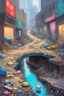 painting of a cyberpunk colourful natural walkway rubbish on the street in the city with pollution and a small bridge by a creek with electric sheep and androids by monet