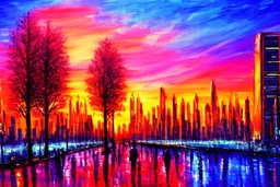 Cyberpunk City, sunset, trees, sci-fi, impressionism painting