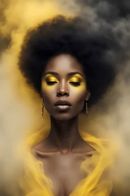 beautiful black women in yellow Smokey ethereal, heavenly background