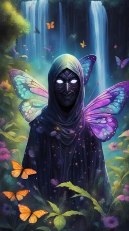 portrait of masked ninja dementor butterfly psychedelic interdimensional robot in the garden, waterfall and elves ,lotsa wild weed, in spotlight, magazine cover illustration with spray paint, signed, bokeh like, down-light, unreal engine, prize winning