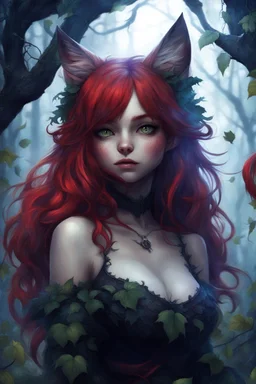 CAT GIRL, FANTASY, FORESTY, VINES, SOULLESS, FLUFFY TAIL, RED HAIR