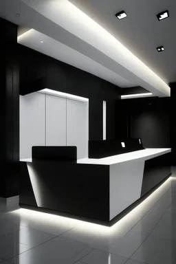 Reception desk with black walls, white floor, and hidden or rich lighting