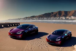 A Tesla 'Model S' is going at a high speed, at the 'Santa Monica State Beach' in California. (CINEMATIC, WIDE ANGLE LENS, PHOTO REAL)