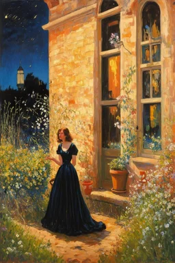 Night, vegetations, flowers, one woman, house, distant buildings, theodor philipsen, and claude monet paintings