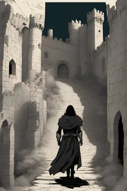 A Knight with long black hair and a dark cape walking away from a castle.