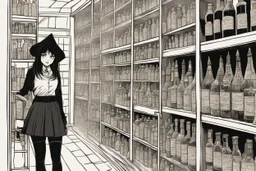 full-height shot of a young witch in a tight black short skirt, inside a large magic shop, shelving, bottles, windows