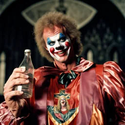 Randy West, A clown that is looking Like the famous actor Randy West holding a bottle inside a church, Randy West is an actor from the 1980