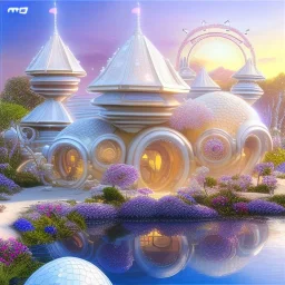 landscape of summer tropical ambient beutiful villa white gold and neon lights bright and colorful bright gloss effect of a futuristic house,like spaceship, natural round shapes concept, large transparent view of the open outdoor garden,sea beach at sunset, gold crystals,with light pink, flowers of Lotus, beutiful pools, light of sun , palmiers,cerisiers en fleurs, wisteria, sun , stars, small waterfalls