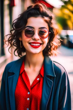 a cool, fashionable and sophisticated girl smiling and wearing cool, fashionable clothes