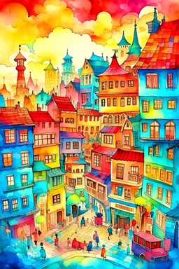 A watercolor painting of a whimsical cityscape filled with colorful buildings and playful characters. Inspired by the artist Hayao Miyazaki. The colors are vibrant and cheerful, evoking a sense of wonder. The characters wear bright expressions of excitement. The lighting is warm, reflecting the joyous atmosphere