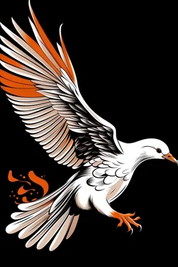 dibujo de paloma blanca volando con un fondo naranja y negro