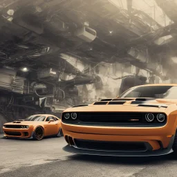 a true-to-life 2023 dark orange dodge challenger hellcat, 2-door, wide-body, pandem, rocket bunny, mopar, carbon fibre, drift car, classic hotrod wheels and rims, ultra realistic, professional artwork, concept art, dark background, extreme detailed, 8k, sharp focus, centered camera, pivot on dodge, art