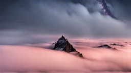 A surreal night-time scene featuring a sharp mountain peak rising through a thick layer of fog. Only one single peak is visible, The mountain's dark, jagged silhouette contrasts against the soft, pastel hues of the fog illuminated by moonlight. Above, the night sky is adorned with countless stars and a segment of the Milky Way, adding a sense of wonder and vastness to the scene. The overall atmosphere is mystical and serene, capturing the beauty of nature in a high-resolution, panoramic view