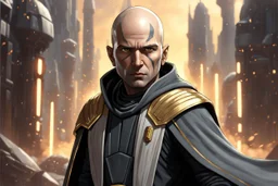 star wars bald male corellian jedi pilot wearing black and gunmetal grey old republic armored robes with gold trim, alone, battle-ready Jedi Master defending a ruined ancient city surrounded by golden light, centered head and shoulders portrait, hyperdetailed, dynamic lighting, hyperdetailed background, 8k resolution, volumetric lighting, light skin, fully symmetric details