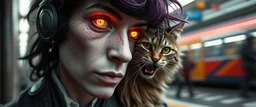 high class realism, dented skin, victorian era, cyber punk, A really close up portrait of one person individually mutated with hairy wigs glowing, and a long haired cat that just came out of a violent twister with its long hair twisted, background blur, high speed train, book cover, terrorists
