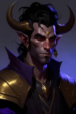 purple skin, male tiefling, gold eyes, black hair, black horns, Fighter, dungeons and dragons character, fantasy concept, critical role,