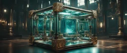 High-end state-of-the-art STEAMPUNK aesthetics tesseract four-dimensional liquid hypercube inside four-dimensional liquid space, supreme cinematic-quality photography, sage green blue, Vintage style with Octane Render 3D technology,hyperrealism photography, (UHD) with high-quality cinematic character render,Insanely detailed close-ups capturing beautiful complexity,Hyperdetailed,Intricate,8K,Hyperrealism craftwork