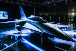 A photo from a distance shows the overall shape of a futuristic and sophisticated fighter plane with a design like a futuristic spaceship in a technology exhibition space event.