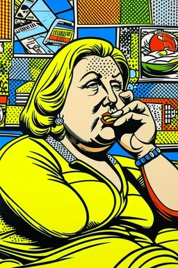 fat woman sitting on sofa listening to radio watching tv news in a room with signs of propaganda in the style of roy lichtenstein