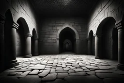 generate an image dark stone room in Omani old castle like a draw minimal style black and white pencil style.