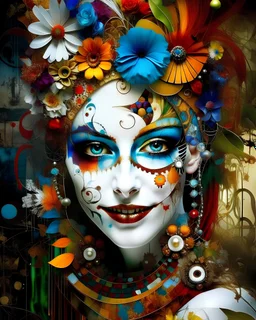 tBeautiful face of Ieuropean woman court jester 18th cenury with curt jeser hát steampunk gear ön that with palimpsest multicolour court jester make up on masqued collage abstract, a portion of her face is smile ltattoed white ink art, and a portion of her face is stylish flowers colourful rusty grunge flowers print, a portion of her face is ivoy carved abstaract tattoed black and ivory white and ebony qnd court jester make up with a half smile on rosewood ink ink art jester lace effected facema