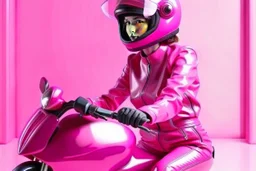 Hyperrealistisch stämmige, üppige Frau völlig verhüllt von pinkfarben glänzender Motorradkombination mit spiegelndem Visier in pinkfarbenem, geschlossenem Helm fährt pinkfarbenen Elektro Scooter